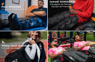 L'image montre les athlètes professionnels tel que : Paul Willemse et Ismael kamagate avec les bottes de pressothérapie JOLT BOOTS 1.2