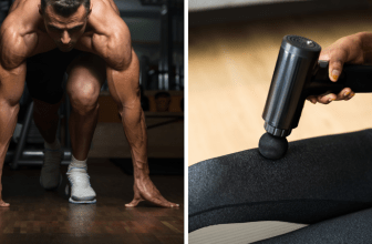 L'image montre un homme dans deux situations; faire du sport et avoir un massage avec un pistolet de massage