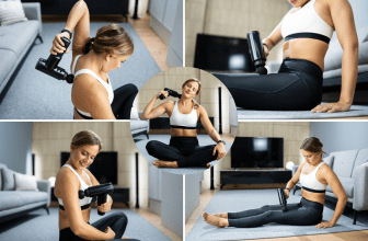 L'image montre une femme dans plusieurs postures en utilisant un pistolet de massage