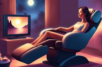 L'image montre une femme assise sur un fauteuil de massage regardant la télé