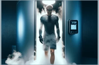 Un athlète entre dans une chambre de cryothérapie moderne, entouré de vapeurs d'air froid visibles. L'environnement est un centre de récupération sportive de haute technologie.