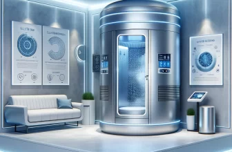 Une chambre de cryothérapie moderne et de haute technologie au design épuré et futuriste. La chambre est ouverte, montrant un intérieur confortable avec un panneau de contrôle avancé.