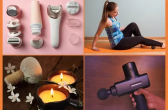 L'image montre des appareils de massage, un espace relaxant pour le massage une femme se fait masser avec un rouleau de massage et finalement un pistolet de massage