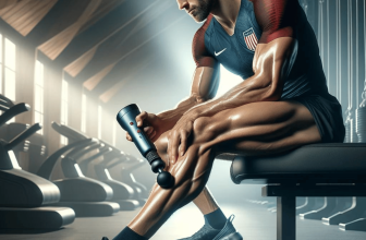 Un athlète professionnel dans une salle de sport moderne lors d'une séance de récupération, utilisant un pistolet de massage élégant sur ses muscles des jambes, assis sur un banc ergonomique, portant les couleurs de son équipe, illustrant la force, la technologie et l'autosoin.