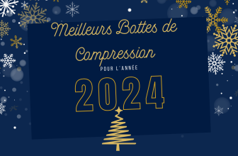 "Image promotionnelle pour les meilleures bottes de compression 2024, avec des flocons de neige et décorations festives sur fond bleu marine.
