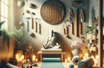 Une salle de détente paisible avec un tapis de yoga, des coussins de méditation, et divers outils de massage, comme un pistolet de massage, un rouleau, et un tapis d'acupression, évoquant un sanctuaire tranquille pour la gestion du stress par le yoga et le massage, baignée dans une lumière douce avec des plantes et des éléments d'eau douce pour renforcer la sensation de calme.