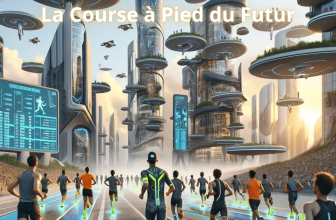 Une scène futuriste vibrante de coureurs dans une course à pied au cœur d'une ville avancée. Les routes sont en lévitation, bordées par des gratte-ciels aux conceptions architecturales révolutionnaires et des véhicules volants. Les participants, équipés de vêtements de sport high-tech et de chaussures à propulsion, courent sur un parcours qui brille d'un éclat néon. Des écrans géants flottants affichent les statistiques de la course, ajoutant à l'ambiance dynamique et technologique de l'événement.