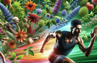 Un athlète de haut niveau court avec une expression étonnée, entouré d'un sillage de plantes médicinales et adaptogènes en pleine croissance.