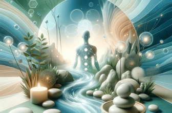 L'image présente une scène paisible et méditative qui évoque la tranquillité et la guérison spirituelle ou énergétique. Au centre, une silhouette humaine en méditation est assise, avec des points de lumière qui pourraient représenter des chakras ou des points d'énergie alignés le long de son corps. Autour de cette figure, un paysage harmonieux composé de pierres empilées, de bougies allumées, de végétation et d'un cours d'eau serpentin rappelle les pratiques de guérison naturelle et de bien-être. Des motifs qui s'apparentent à des ondes sonores ou à de l'énergie rayonnent à l'arrière-plan, tandis que des bulles ou des sphères flottantes ajoutent une touche de légèreté et d'élévation à l'ensemble. Cela pourrait être une représentation artistique de la thérapie par la pressothérapie ou le drainage lymphatique, où le flux d'énergie est essentiel à la santé et au bien-être.