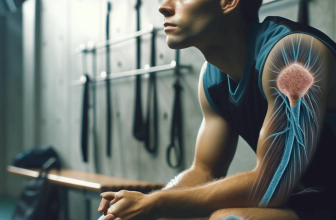 Un athlète est assis sur un banc dans un vestiaire, il semble pensif et légèrement inquiet. L'éclairage est doux et serein, créant une atmosphère contemplative. Sur le bras exposé et le genou de l'athlète sont visibles des représentations artistiques de fibres musculaires en détresse, symbolisant la lutte contre la myosite à inclusions. Les fibres musculaires sont détaillées pour montrer un mélange de brins sains et des zones d'inflammation ou de dégénérescence. L'expression et la posture de l'athlète transmettent un sentiment de réflexion et le poids d'une bataille invisible.