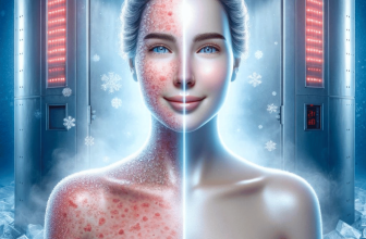 Une illustration représentant une comparaison avant et après d'une personne recevant un traitement de cryothérapie pour la peau. Le côté gauche montre la peau avec des rougeurs et de l'acné avant le traitement, et le côté droit montre une peau claire et rajeunie après le traitement, avec une lueur subtile et un teint sain. En arrière-plan, une unité de cryothérapie de pointe émet une brume froide, mettant en évidence le pouvoir transformateur de la thérapie.