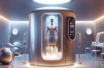 Image futuriste d'une personne se tenant à l'intérieur d'une cabine de cryothérapie éclairée, entourée d'écrans numériques affichant des températures et des minuteries. L'environnement suggère un centre de bien-être de haute technologie avec un éclairage doux et des équipements modernes.