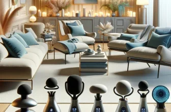 Une image montrant une sélection d'appareils de massage modernes présentés lors des French Days dans un intérieur luxueux et contemporain, avec des meubles élégants et une palette de couleurs harmonieuse en beige et bleu.