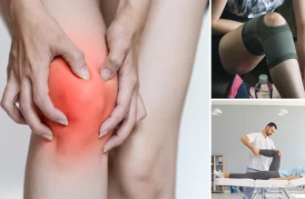 Trois situations liées à la douleur au genou : une personne tenant son genou avec douleur marquée en rouge, une autre portant une genouillère et tenant une bouteille d'eau, et une séance de physiothérapie avec un professionnel étirant la jambe d'un patient