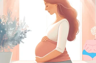 Illustration d'une femme enceinte sereine de profil, tenant doucement son ventre. Elle a de longs cheveux ondulés et porte un haut à manches longues blanc et une jupe longue. À l'arrière-plan, une pièce à l'ambiance chaleureuse et doucement éclairée avec une plante en pot est représentée. Une image insérée met en évidence le bas de l'abdomen avec des lignes pointillées, indiquant les zones typiquement affectées par le lipoedème