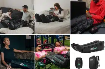 Collage de personnes utilisant des bottes de pressothérapie à domicile et en environnement professionnel, incluant des images détachées des bottes et de la commande numérique.