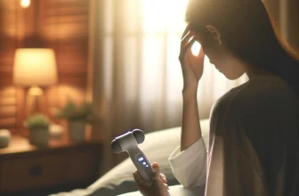 L'image illustre l'idée de soulager les maux de têtes au réveil par des méthodes naturelles et non invasives, telles que l'utilisation d'un appareil de massage, dans un environnement de chambre à coucher serein.
