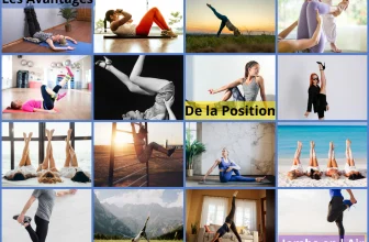 Un collage coloré de photos démontrant différents avantages des postures avec les jambes en l'air. Le texte 'Les Avantages De la Position Jambe en l'Air' est clairement affiché sur le montage. Les images montrent diverses personnes pratiquant ces positions dans plusieurs contextes comme le yoga, l'exercice physique et la relaxation. Les poses varient depuis des exercices au sol dans un gymnase jusqu'à des postures de yoga en plein air et des relaxations sur la plage