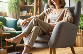 Pour la Fête des Mères, une image relaxante d'une femme souriante profitant d'un moment de détente dans un salon joliment décoré. Assise confortablement dans un fauteuil gris, elle utilise un appareil de massage pour les pieds, illustrant une idée cadeau parfaite pour cette occasion spéciale. L'ambiance est agrémentée de plantes vertes, ajoutant une touche de nature et de fraîcheur à la scène.
