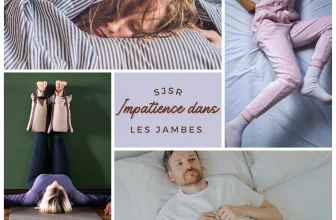 Montage sur le syndrome des jambes sans repos (SJSR) montrant diverses personnes ressentant de l'inconfort au lit ou lors de la pratique du yoga, avec un texte qui dit 'SJSR Impatience dans les jambes'.