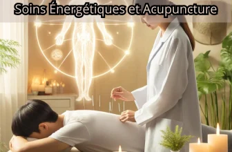 Praticienne acupuncteur asiatique appliquant des aiguilles sur le dos d'un patient allongé sur une table de traitement, dans un environnement calme avec bougies et plantes vertes, illustrant le flux énergétique Qi.