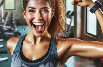 Une femme transpirant de bonheur après une séance d'entraînement intense, illustrant son engagement envers son objectif de perte de poids. Elle porte des vêtements de sport mouillés de sueur et affiche une expression joyeuse et triomphante dans un cadre de salle de gym avec des équipements d'exercice et des affiches de motivation sur les murs.