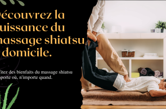 Massage shiatsu à domicile, montrant une personne recevant un massage shiatsu dans une atmosphère de détente avec des plantes en arrière-plan et un texte promotionnel.