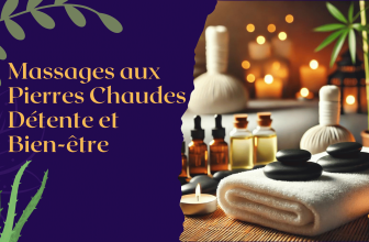L'image illustre un cadre apaisant de spa avec une table de massage, des pierres chaudes soigneusement disposées, et une lumière douce de bougie. Des éléments calmants comme des plantes de bambou, des bouteilles d'huiles essentielles, et une ambiance lumineuse douce