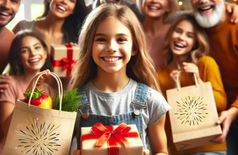 Jeune fille souriante offrant des cadeaux à sa grande famille heureuse, tenant deux sacs cadeaux