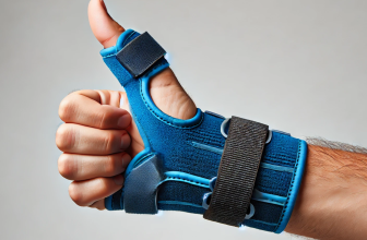 Voici l'image générée traitant du sujet de la ténosynovite de De Quervain, avec une main portant une attelle bleue pour soutenir et stabiliser le poignet et le pouce, levant le pouce en signe d'approbation ou de succès.