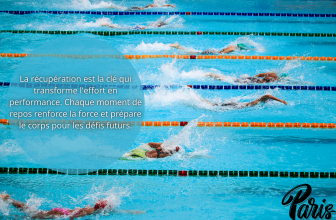 Des nageurs en pleine compétition dans une piscine olympique, accompagnés d'une citation inspirante sur l'importance de la récupération dans la performance sportive.