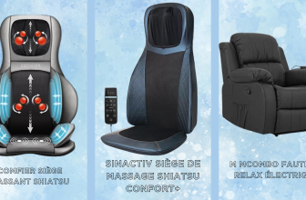 Comparaison de trois sièges massants : Comfier Siège Massant Shiatsu, Sinactiv Siège de Massage Shiatsu Confort+, et Mcombo Fauteuil Relax Électrique, affichés côte à côte sur un fond dégradé bleu.