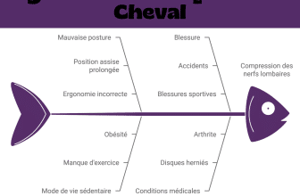 Diagramme en forme d'arête de poisson illustrant les causes du syndrome de la queue de cheval, incluant des facteurs tels que mauvaise posture, position assise prolongée, ergonomie incorrecte, blessure, accidents, blessures sportives, obésité, manque d'exercice, mode de vie sédentaire, arthrite, disques herniés, et conditions médicales. Tous ces facteurs contribuent à la compression des nerfs lombaires.