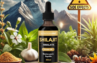Flacon de Shilajit liquide, résine pure de l'Himalaya, entouré de plantes avec une montagne en arrière-plan et un panneau avertissant des effets secondaires
