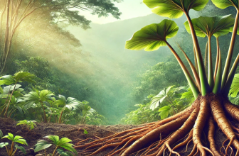 L'image montre les racines de konjac dans leur habitat naturel. La plante avec ses feuilles vertes luxuriantes et ses racines partiellement exposées dans un sol riche, sur un fond de forêt paisible.