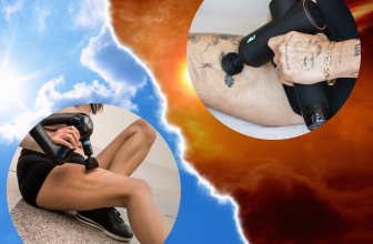 Comparaison entre l'utilisation d'un pistolet de massage haut de gamme et un modèle économique, illustrée par deux personnes utilisant des appareils sur leurs jambes dans des contextes distincts, symbolisant la puissance et l'accessibilité.