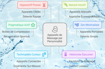 Guide pour choisir un appareil de massage en fonction de votre personnalité, avec des illustrations d'appareils et de profils.