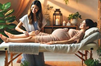 Une femme enceinte détendue recevant un massage des jambes dans un environnement serein et chaleureux. Elle est allongée confortablement sur une table de massage, avec une praticienne souriante utilisant des huiles naturelles. Autour d'elles, une atmosphère paisible avec des couleurs douces comme le pastel, des plantes vertes et une lumière tamisée. La pièce est décorée de manière apaisante, avec des bougies et des textiles confortables. L'image évoque le bien-être, la relaxation, et les bienfaits du massage pour atténuer les inconforts de la grossesse, illustrant une connexion profonde entre la future maman et son corps.