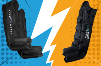Comparatif visuel entre les bottes de pressothérapie Fitem et Jolt Boots sur fond coloré dynamique, bleu contre orange