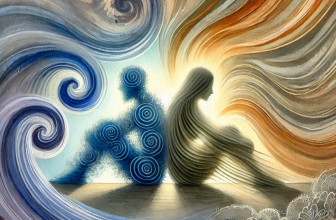 Deux silhouettes floues assises enlacées dans un cocon de tissus mouvants, l'une représentée en tons froids (bleus/gris tourbillonnants) symbolisant l'anxiété, l'autre en dégradés chauds (ocres/dorés) irradiant une lumière apaisante. Leur point de contact génère des vagues harmonieuses où les couleurs fusionnent, transformant les tourbillons gris en motifs floraux dorés. Style peinture à l'aquarelle avec effets de transparence, fond brouillé dans des nuances de terre cuite et lavande. Ambiance de sérénité intemporelle, évoquant la dissolution progressive du stress.