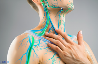 Illustration scientifique montrant une personne effectuant un drainage lymphatique manuel au niveau du cou et de la clavicule, avec visualisation en transparence du réseau lymphatique en bleu et vert.